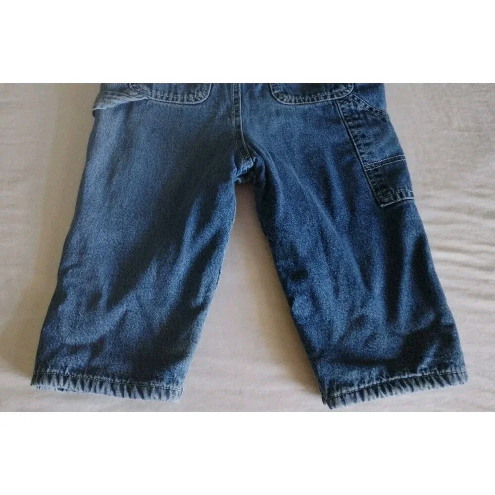 Vtg BABY GAP Denim Overalls Green Fleece Lined Zip Pocket Utility 18-24 Mo RARE